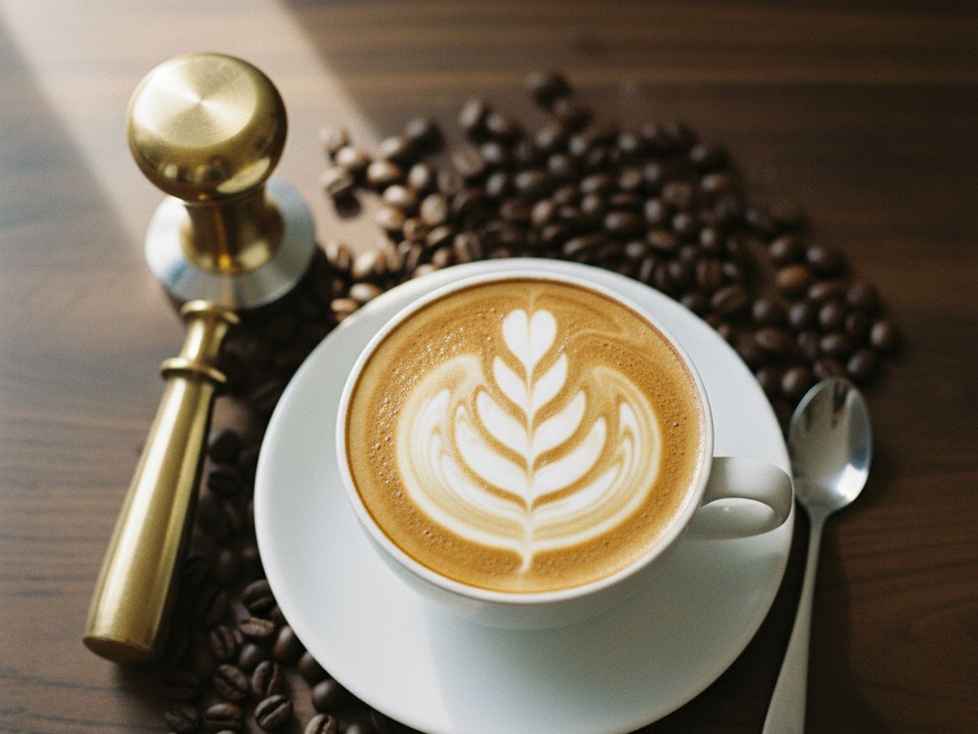 Cappuccino mit Latte-Art neben Kaffeebohnen